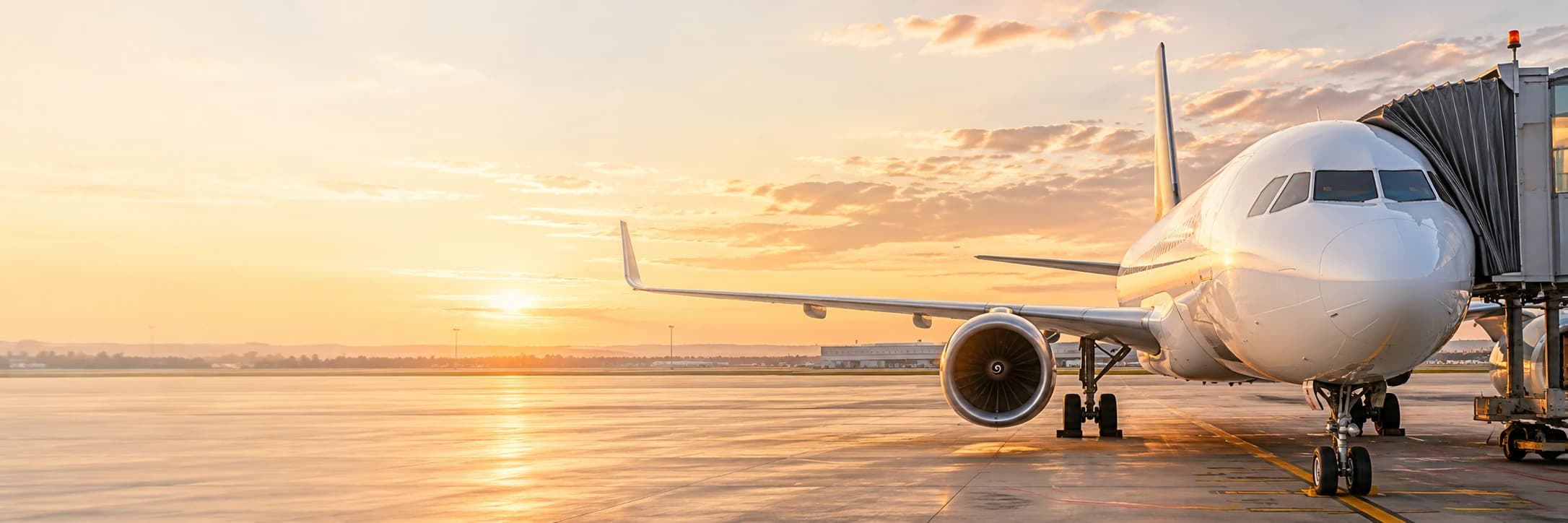 Passenger aircraft at an airport terminal in warm sunset light, illustrating airport transfers
