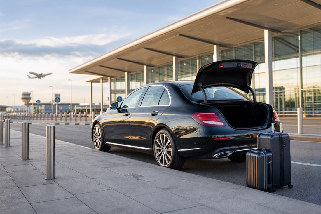 Hereford airport transfer taxi with luggage ready for pickup