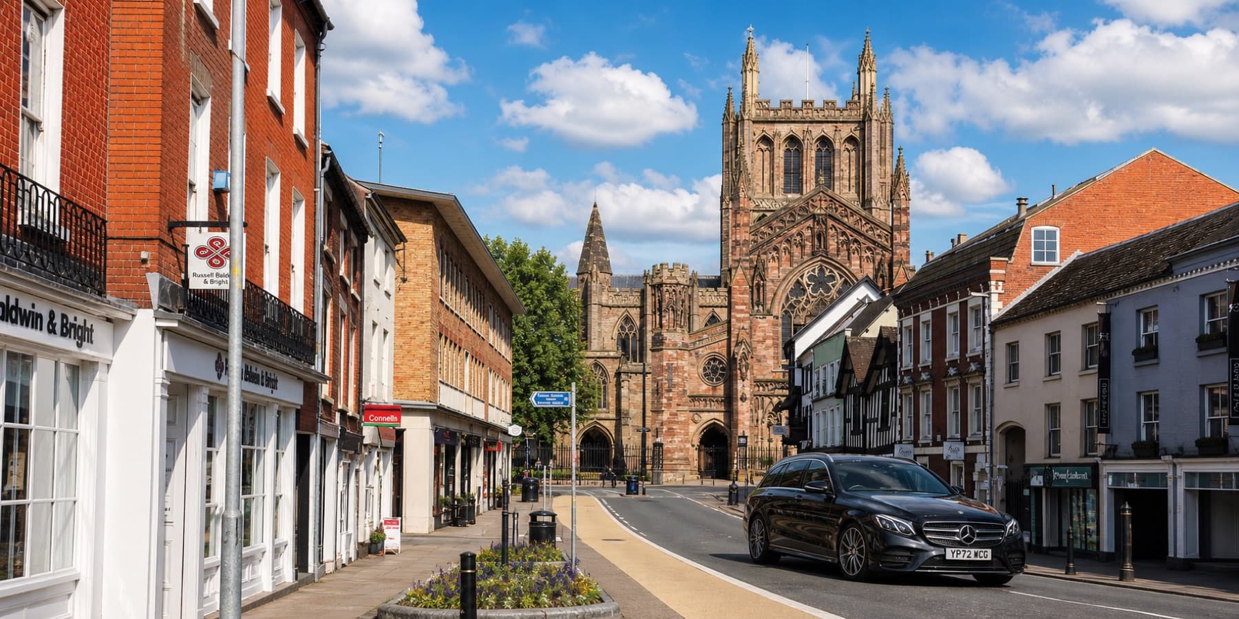 Daytime Hereford taxi service with Hereford Cathedral visible in the background