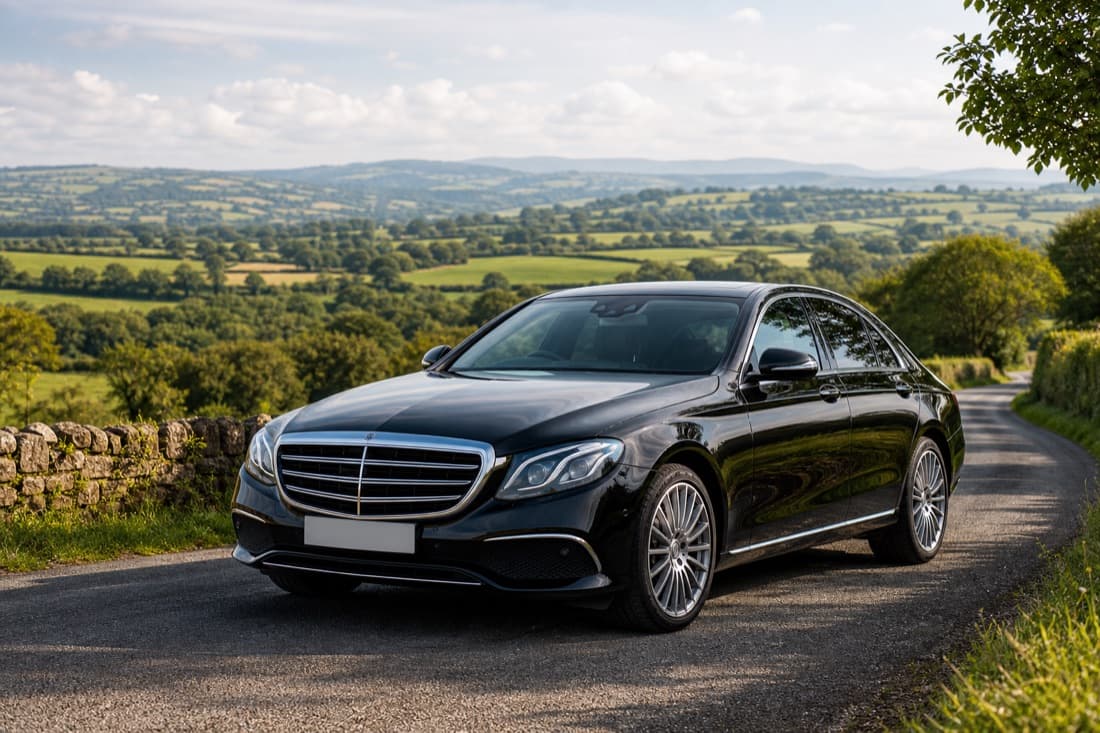 Comfortable local taxi with Herefordshire countryside behind it